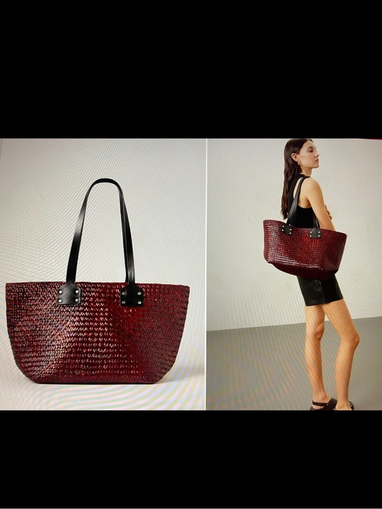 All Saints Handbags - AllSaints Mosley Large Woven Straw Tote Black Leather Strap Red Size OS